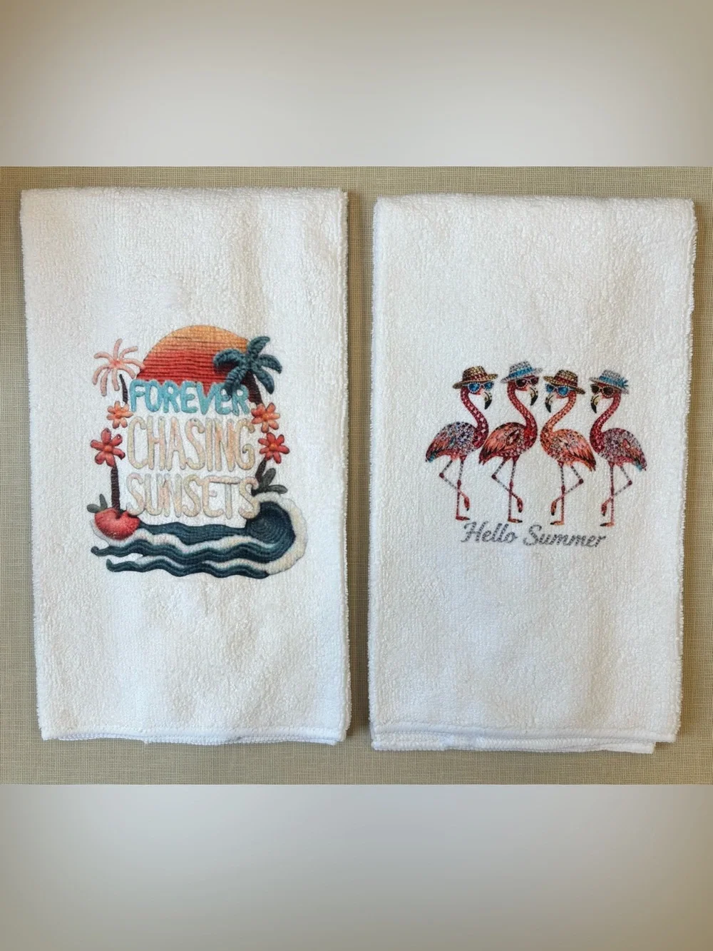 White Embroidered 'Forever Chasing Sunsets' & Flamingo Hand Towels